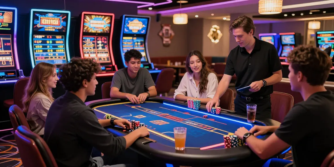Group of players enjoying KO66 gaming table in a vibrant casino.