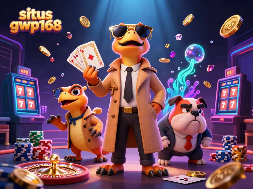 Mengamati permainan di situs gwp168 dengan raptor 3D tampil lucu mengenakan kacamata hitam emas.