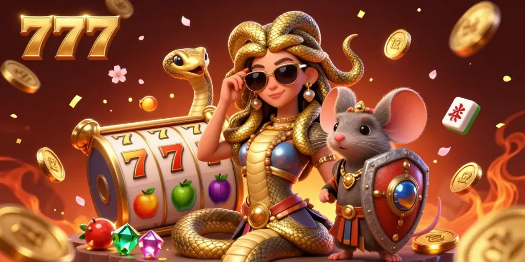 Slot777 menampilkan keberuntungan dan keceriaan dengan Medusa lucu dan pemain di kasino.