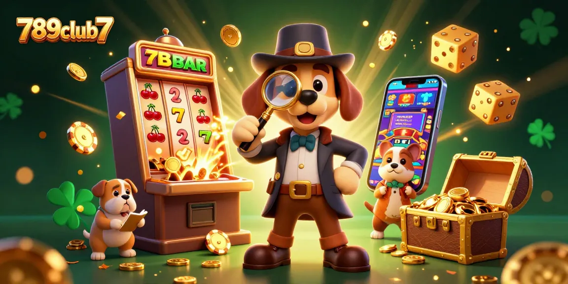 Spot hidden treasures at 789club7 with a detective examining a golden poker chip amidst an exciting casino scene.