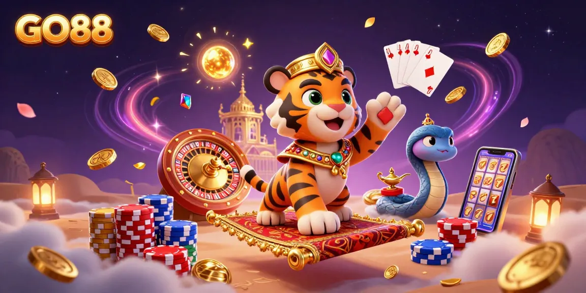 Experience the thrill of GO88 with vibrant casino elements and a magical atmosphere in this 3D illustration.