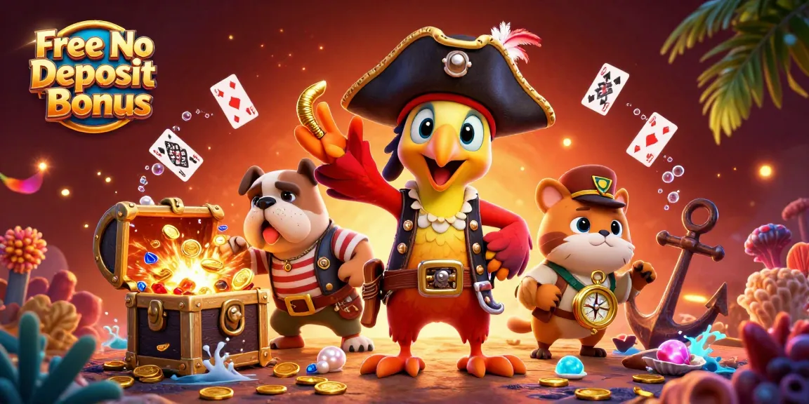 Claim your Free No Deposit Bonus with vibrant pirate-themed casino adventure elements.