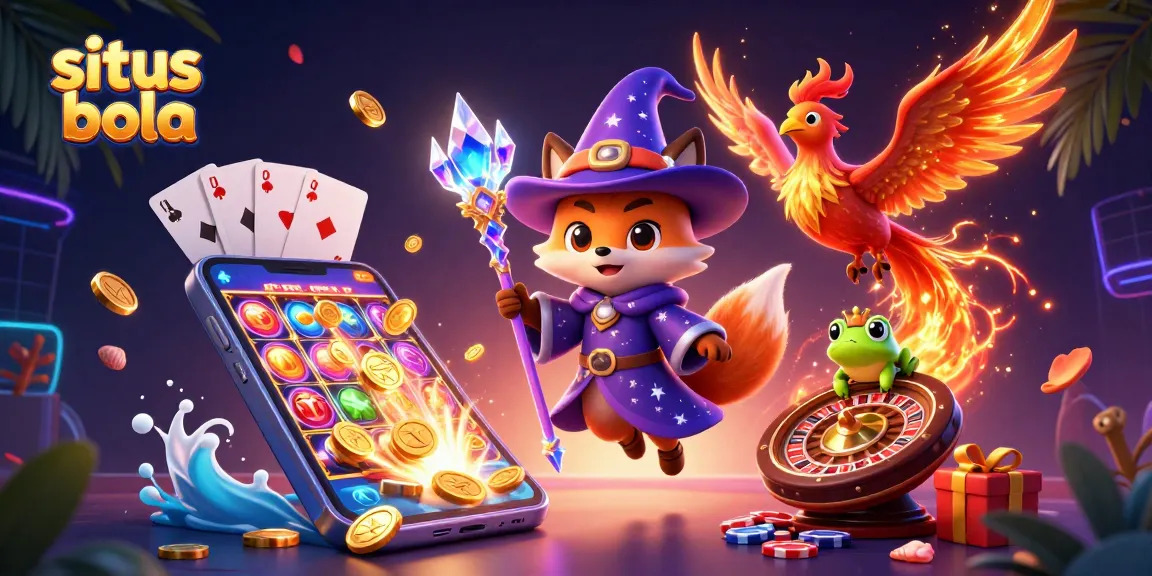 Engage with situs bola through vibrant 3D illustration showcasing a wizard fox, phoenix, and enchanting gaming elements.