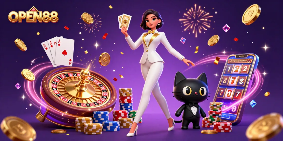 Experience the thrill of OPEN88 with a glamorous casino scene featuring vibrant games and exciting gameplay.
