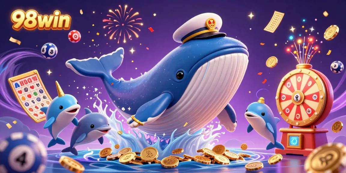 Experience thrilling excitement at 98win with playful casino-themed characters, coins, and vibrant effects.