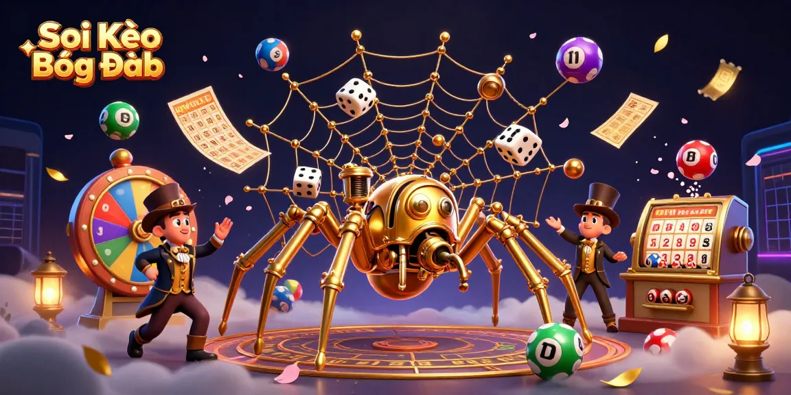 Soi Kèo Bóng Đá illustration featuring a steampunk spider weaving a golden web while capturing dice in a dynamic gambling scene.