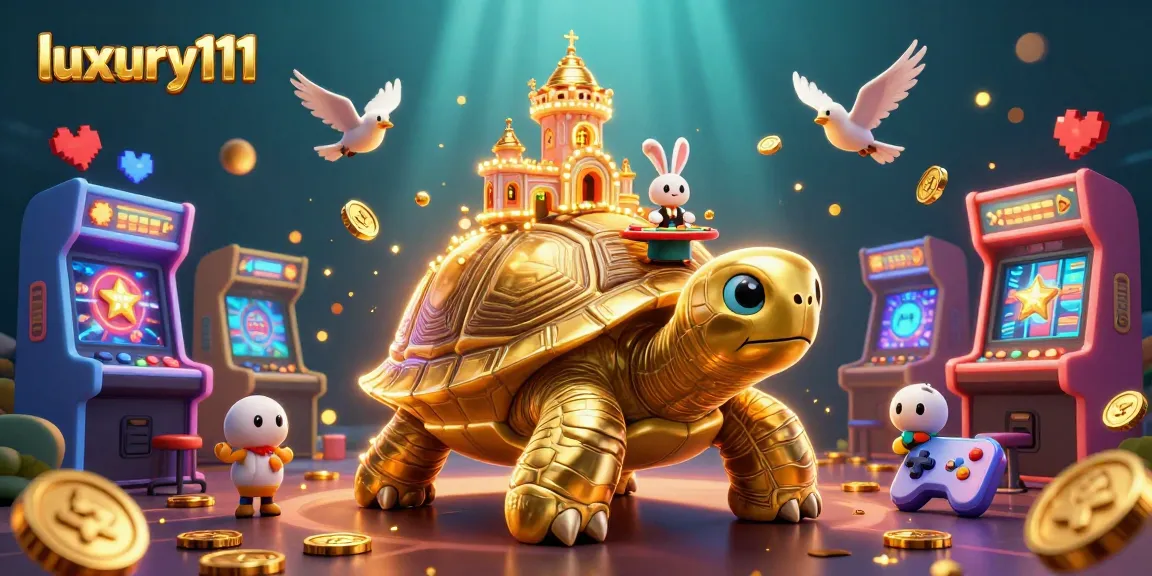 luxury111 showcases a vibrant casino scene with a golden tortoise and flying coins, perfect for gaming excitement.