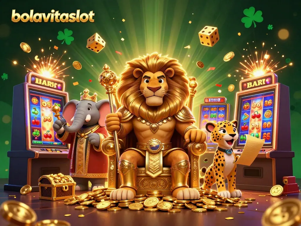 Experience the thrills of bolavitaslot with a lion king and vibrant casino elements in a dazzling scene.