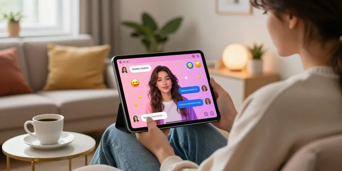 Engaging chat with nsfw AI girlfriend in cozy living room setting, vibrant tablet interaction.
