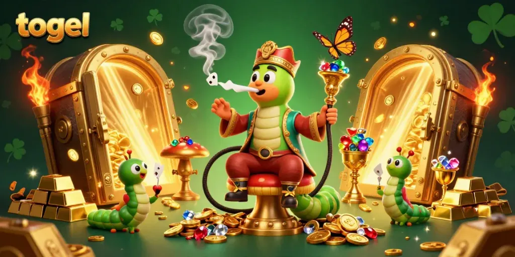 Engage in togel gaming with a vibrant casino scene featuring poker symbols and treasure.