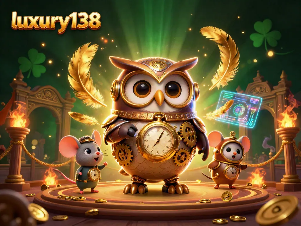 Experience luxury138 in a vibrant 3D casino world with owls and steampunk elements.