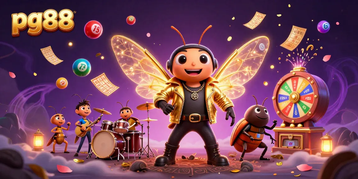 Experience excitement at pg88 with the cicada rock star and colorful lottery elements in this vibrant scene.