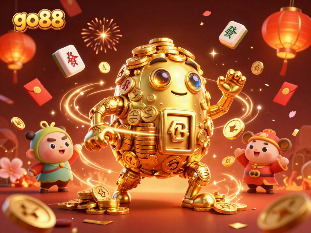 Experience thrilling slots and gaming at go88, with a dynamic golden golem surrounded by festive elements.