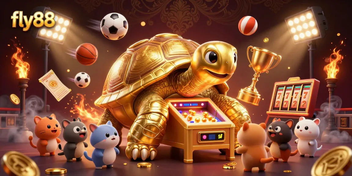 Experience the thrill of fly88 with golden tortoise and vibrant casino action in an exciting illustration.