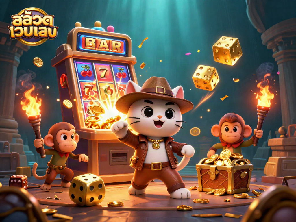 Experience thrilling สล็อตเว็บตรง adventures with a 3D explorer cat and dynamic casino elements.
