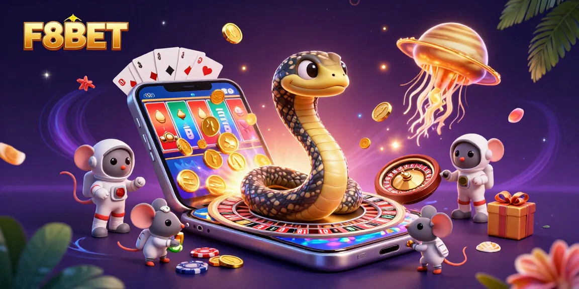 Experience thrilling gameplay with F8BET as astronauts bet on a cosmic roulette wheel amidst vibrant slot and casino elements.