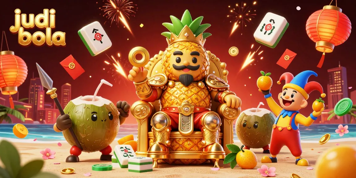 Engage in judi bola excitement with dynamic beach casino scene featuring a pineapple king and action elements.