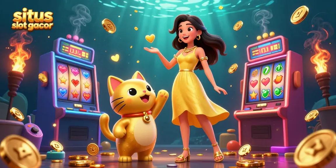 Experience fun at situs slot gacor with a cheerful woman and golden lucky cat surrounded by vibrant casino elements.