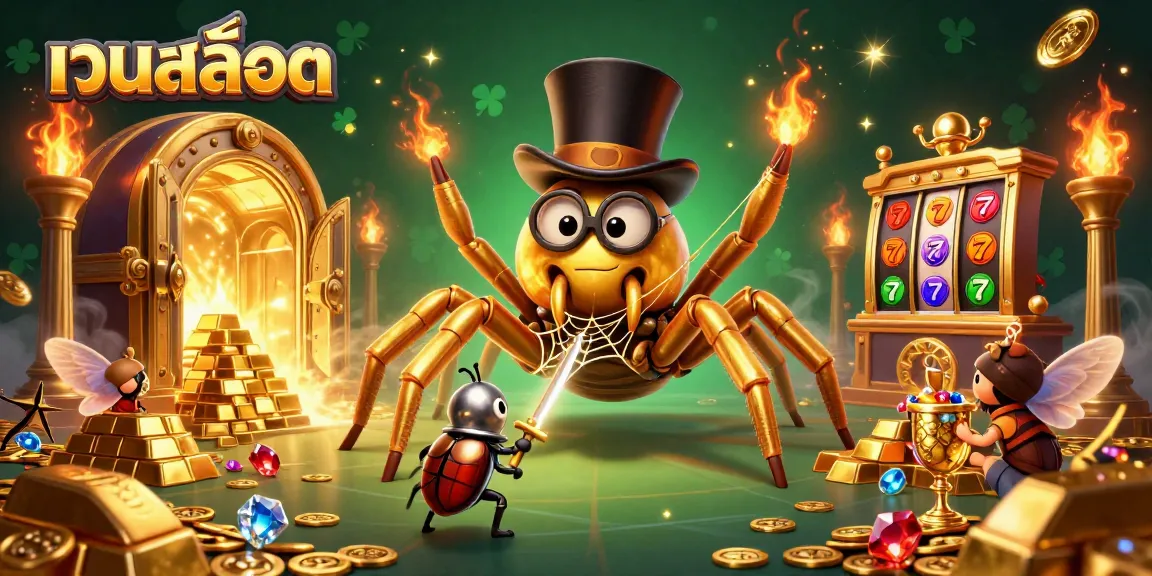 Spin เว็บสล็อต reels for treasures with a 3D cartoon golden tarantula and beetle knight.