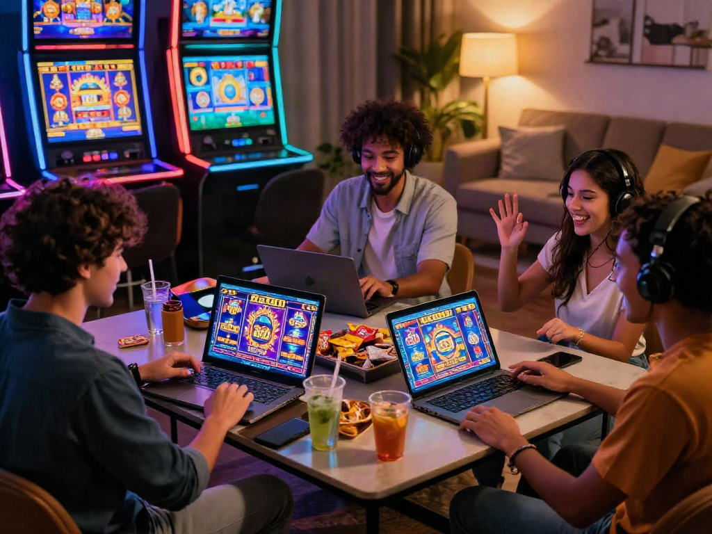 Group enjoying slot gacor games on devices in a vibrant online casino setting