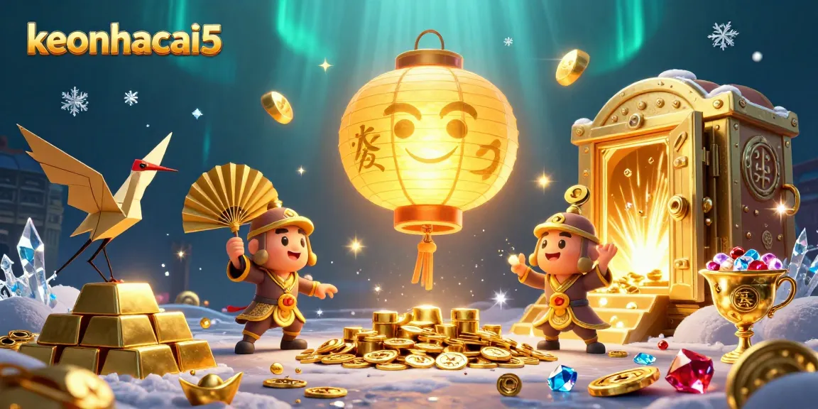 Engage with keonhacai5's vibrant casino scene, showcasing a magical lantern spirit surrounded by golden treasures and lucky charms.