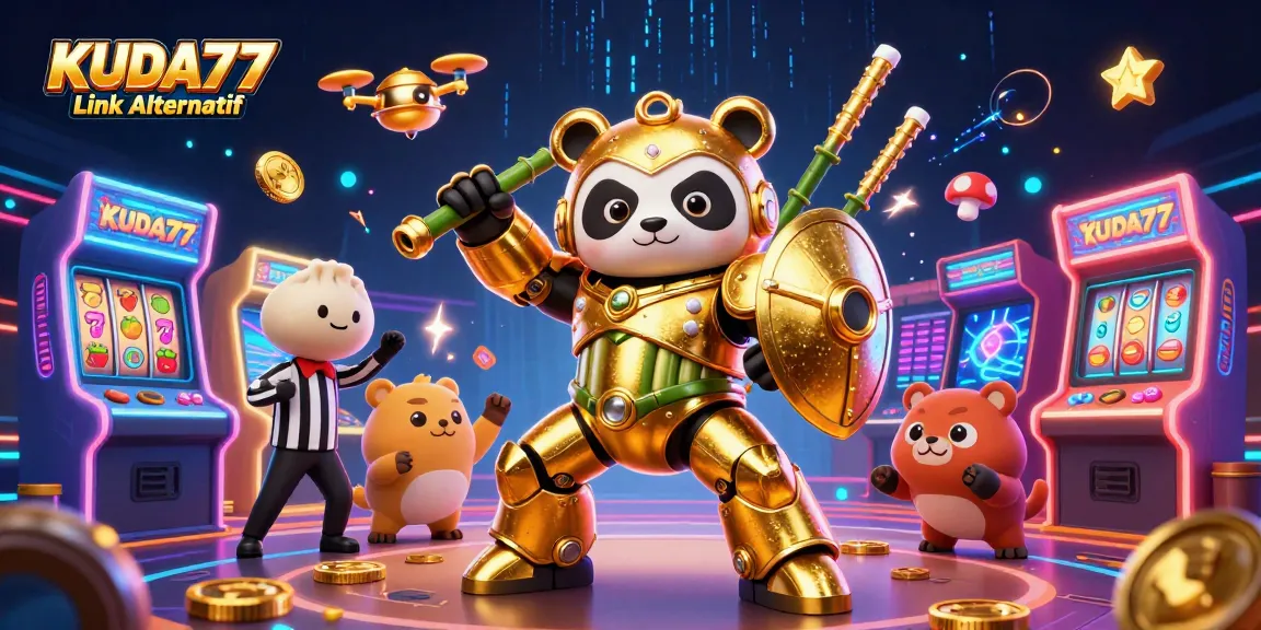Mainkan KUDA77 Link Alternatif dengan robot bertarung dalam arena mega, dipenuhi simbol slot.