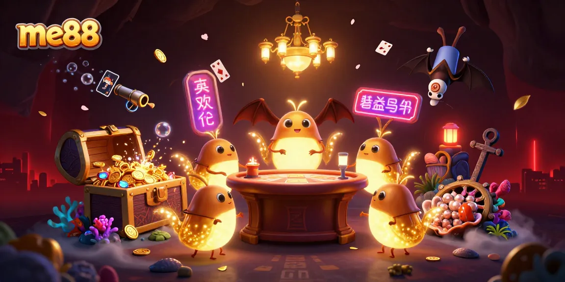 Experience me88's vibrant bioluminescent casino scene with a bat dealer and illuminated glowworms.