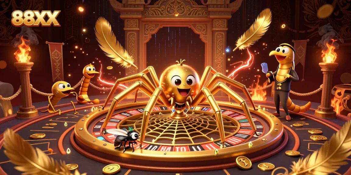Experience the thrill of betting with 88XX in a vibrant, dynamic casino scene featuring a golden spider and roulette.