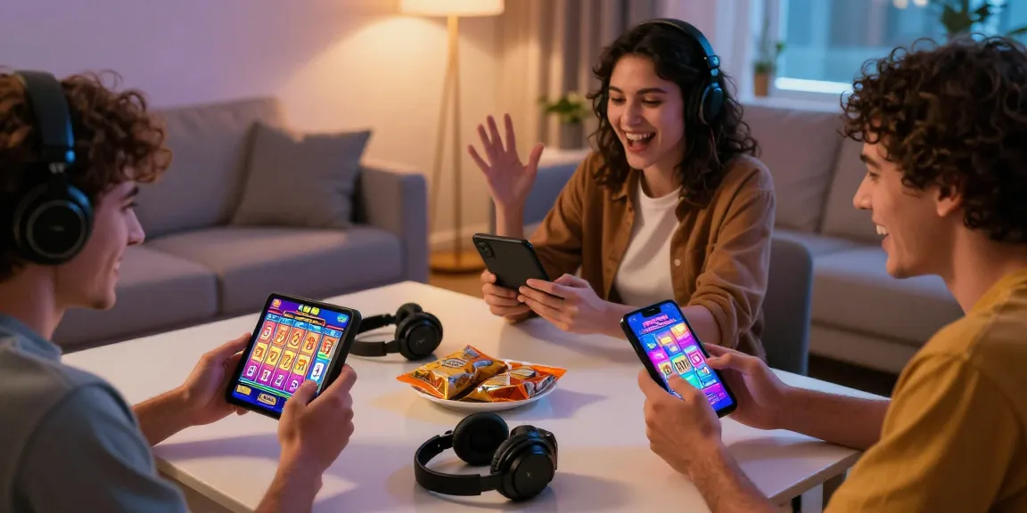 Engaging players enjoying demo slot games on mobile devices in a vibrant living room.