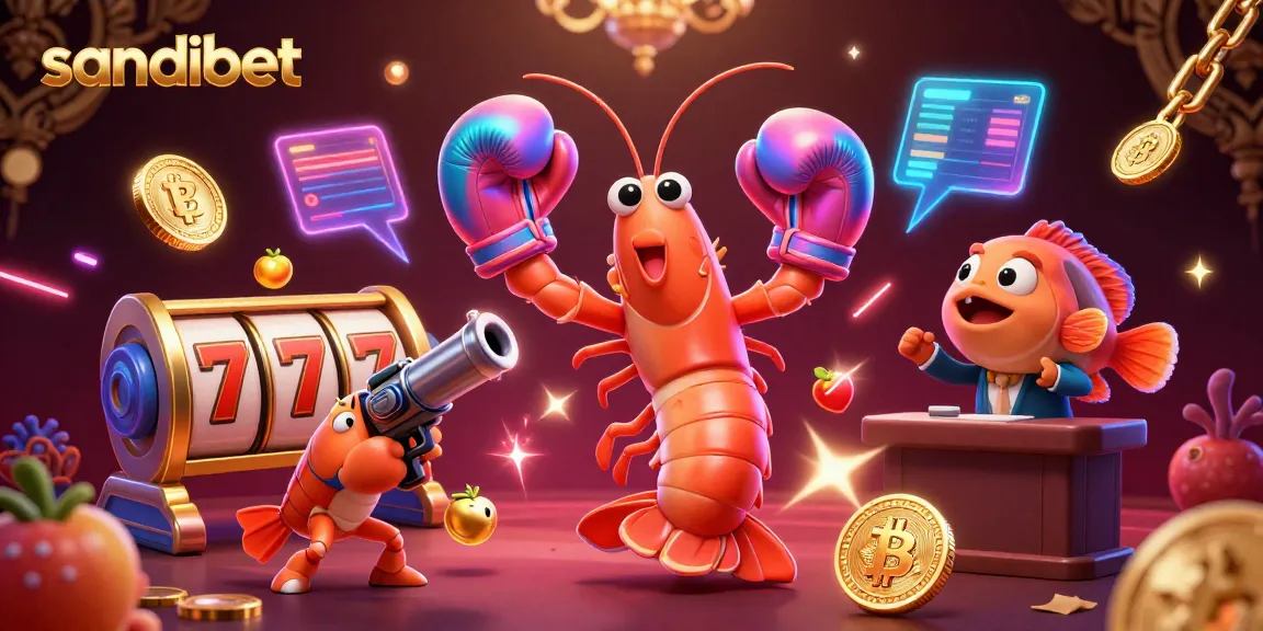 Engage with sandibet's lively gaming scene featuring mantis shrimp, slots, and vibrant crypto elements.