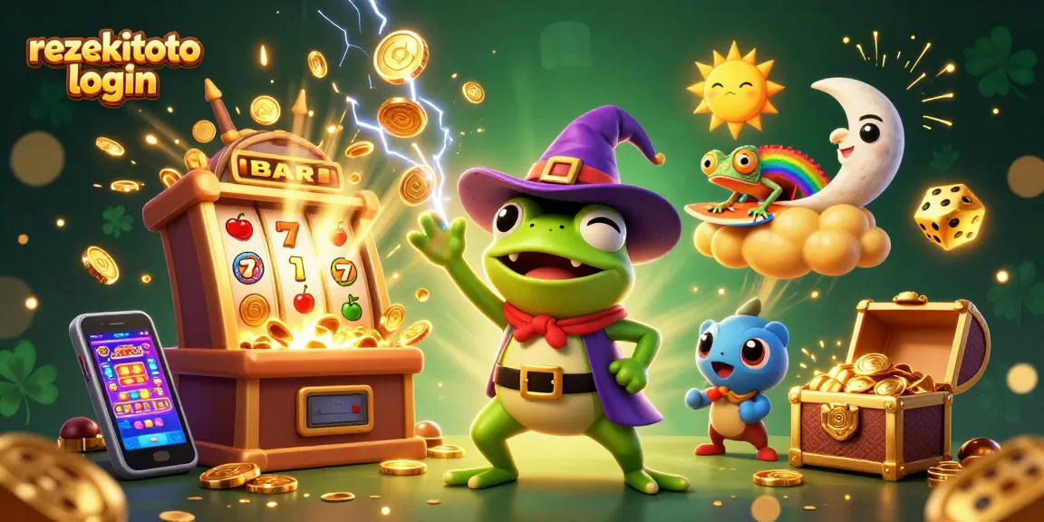 Engage in thrilling rezekitoto login with a whimsical scene of luck, coins, and casino elements.