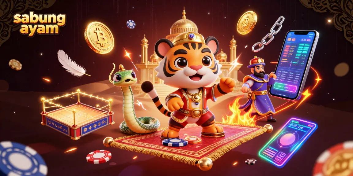 Experience sabung ayam action with vibrant 3D illustrations of a tiger sultan and magical elements.