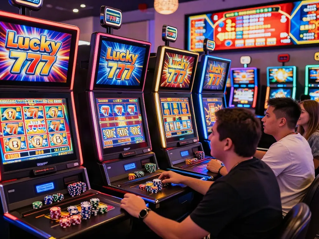 Exciting casino gaming atmosphere with players enjoying Lucky777 slot machines.