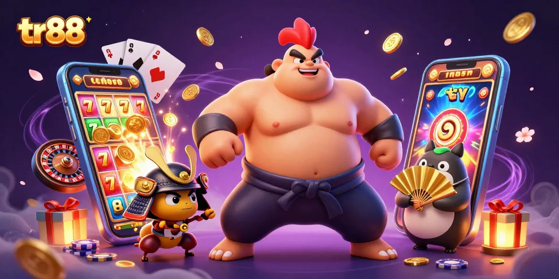 Engage in thrilling gameplay with tr88 featuring a powerful rooster sumo wrestler amidst a vibrant casino scene.