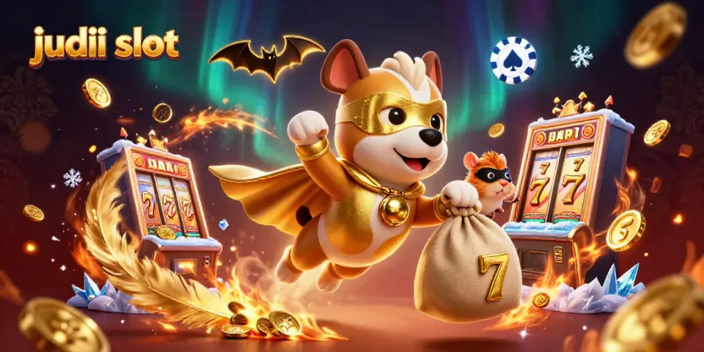 Experience thrilling judi slot adventures with a flying superhero dog and hamster, amidst vibrant casino elements.