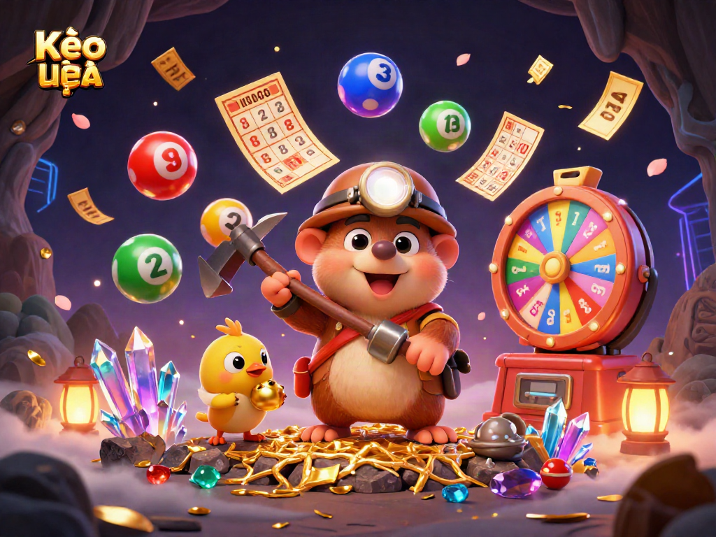 Kèo nhà cái showcases a vibrant 3D scene with a mole treasure hunter and dynamic lottery elements.