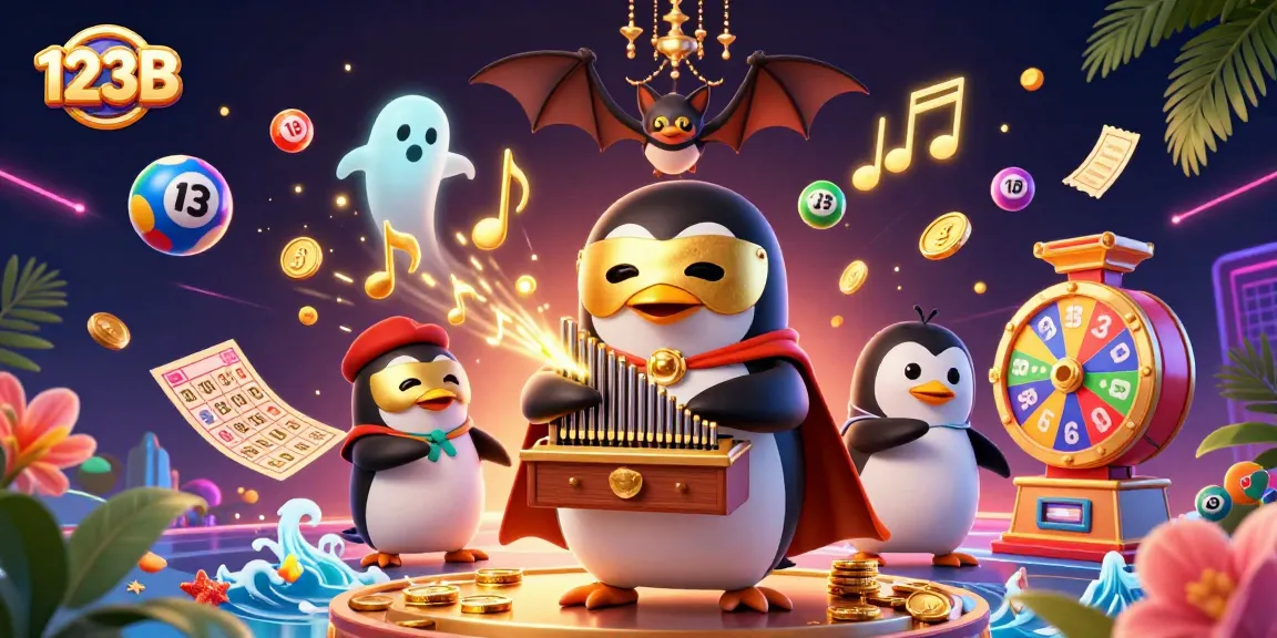 Engage in vibrant gameplay at 123B with a dynamic 3D illustration of a penguin playing an organ amid golden coins and lottery elements.