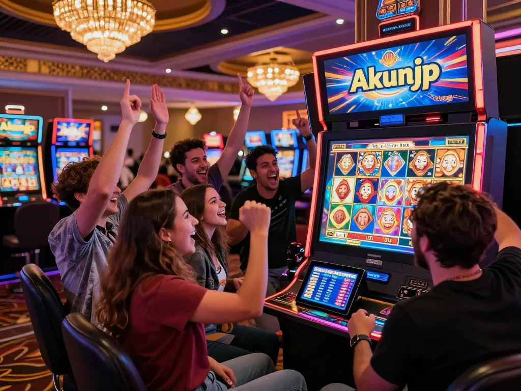 Group of friends celebrating a big win at the Akunjp digital slot machine in a vibrant casino.