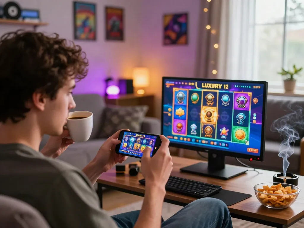 Engaging player enjoying the luxury12 slot game in a cozy living room with snacks and ambient lighting.