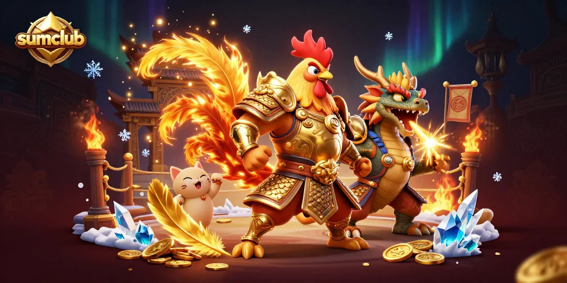 Experience thrilling gameplay at sumclub with a fierce rooster warrior and dragon amidst vibrant casino elements.