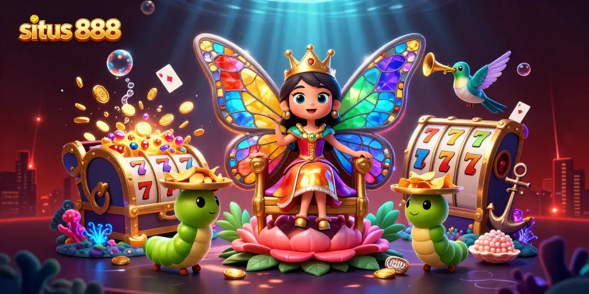 Win big at situs 888 with a vibrant casino scene featuring colorful slot reels and game elements.