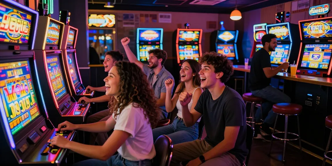 Suasana ramai di bar arcade dengan pemain slot gacor yang bahagia, dikelilingi cahaya neon dan permainan menarik.