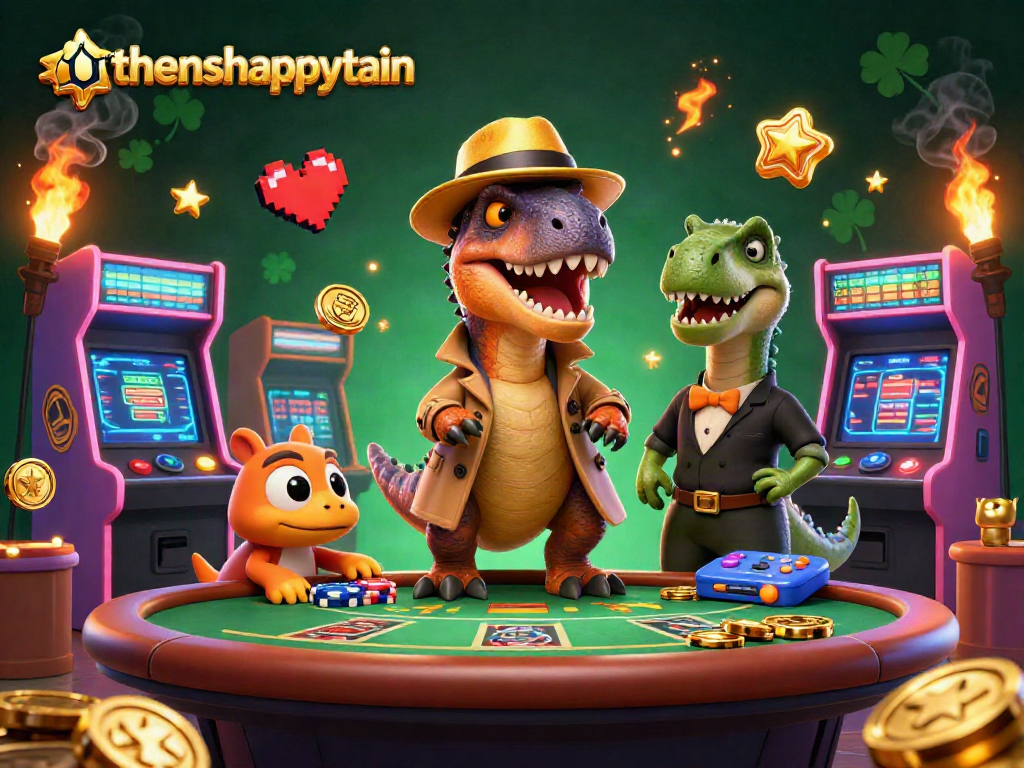 Experience thrilling gameplay with athenshappytrain's engaging 3D cartoon casino scene featuring unique characters!