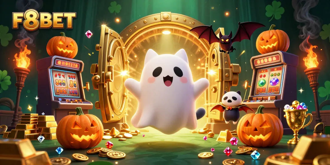 Experience exciting wins with F8BET in a vibrant haunted casino scene filled with treasures and energy.