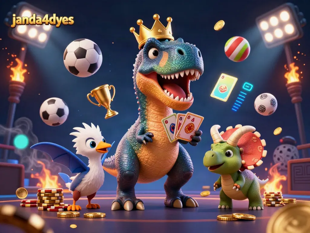 Janda4dyes menampilkan T-Rex lucu berspekulasi dalam taruhan bola online dengan berbagai elemen judi di sekitarnya.