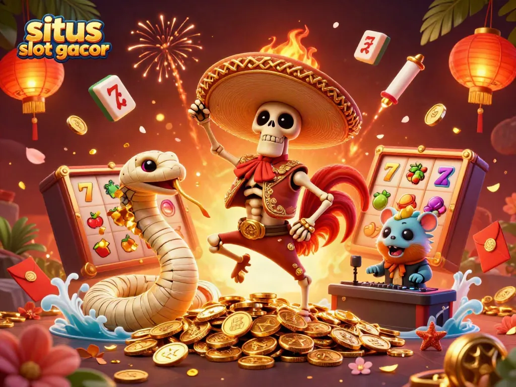 Ilustrasi situs slot gacor dengan skeleton mariachi menari di koin emas, dikelilingi simbol slot.