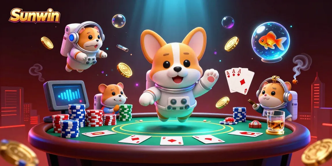 Sunwin astronauts and casino elements gamble in a vibrant space station, showcasing fun interactions.
