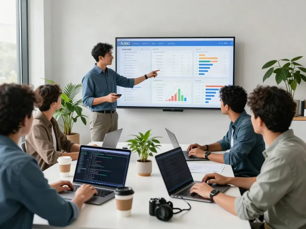 A diverse tech team collaborating on the A80 information platform in a modern workspace.