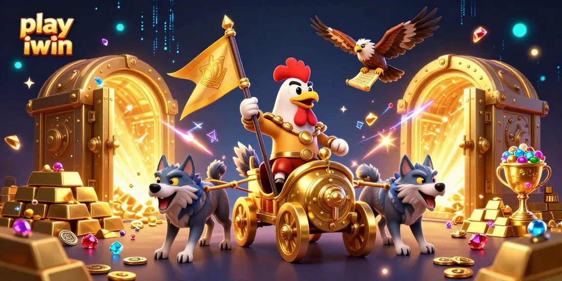 Play iwin with exciting characters and treasure in a dynamic casino scene illustration.