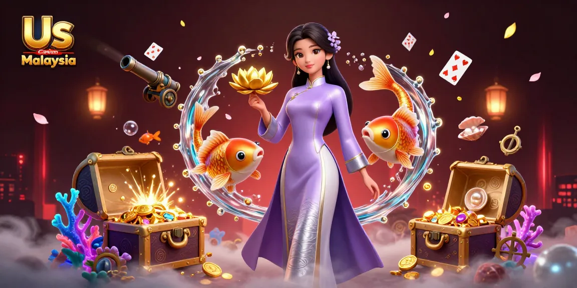 Experience thrilling moments at Us Casino Malaysia with stunning 3D illustration of an elegant woman and dynamic game elements.
